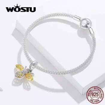 WOSTU 925 пробы серебряные подвески в виде пчелы, браслет и браслет для женщин, милые маленькие бусины в виде пчелы, ювелирные изделия 17cm