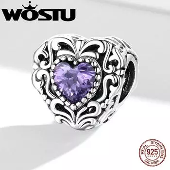 WOSTU элегантный ретро-узор фиолетовый циркон в форме сердца из стерлингового серебра 925 пробы бусины-подвески подходят к оригинальному браслету DIY ювелирные украшения 925 silver