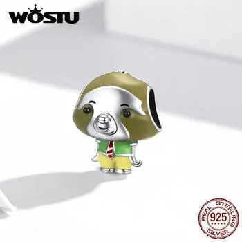 WOSTU эмаль Ленивец Fun красный полосатый галстук стерлингового серебра 925 пробы бусины подходят браслет ювелирные изделия 925 silver