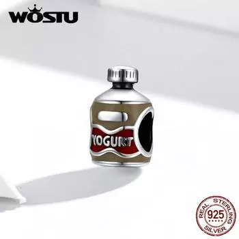 WOSTU эмалированная мультяшная коричневая бутылка йогурта, стерлинговое серебро 925 пробы, подвесные бусины, подходят для браслета, ювелирные украшения 925 silver