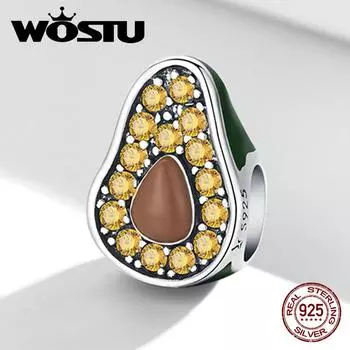 WOSTU эмалированные цветные инкрустированные цирконом авокадо, стерлинговое серебро 925 пробы, очаровательные бусины, подходят для оригинального браслета, ювелирные изделия своими руками