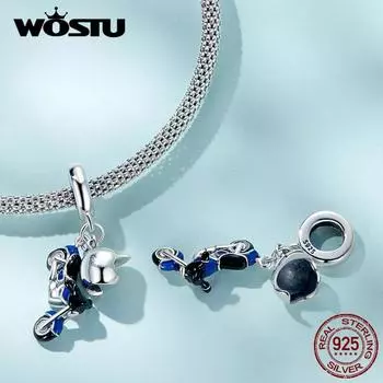 WOSTU Аутентичное серебро 925 пробы, синяя холодная эмаль, мотоциклетная подвеска-подвеска для женщин, изящные ювелирные изделия 925 silver