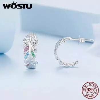 WOSTU Аутентичные серьги-гвоздики из стерлингового серебра 925 пробы с разноцветными перьями, серьги-гвоздики с кубическим цирконием и платиновым покрытием, ювелирные изделия для женщин 925 silver