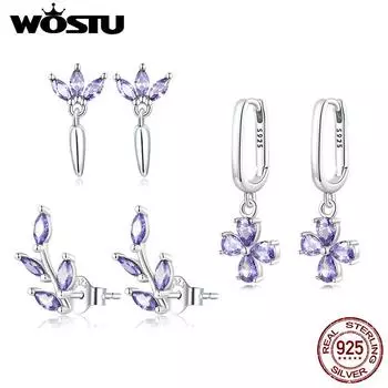 WOSTU Аутентичные серьги-гвоздики из стерлингового серебра 925 пробы с фиолетовым цирконием в виде креста и листьев для женщин, модный комплект ювелирных изделий из блестящего циркона 925 silver