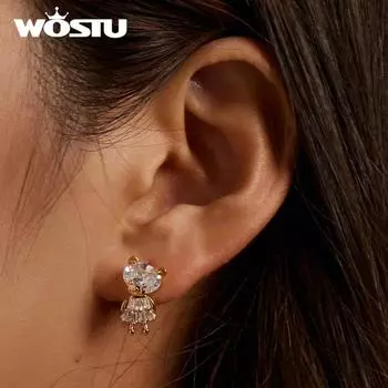 WOSTU Аутентичные серьги из стерлингового серебра 925 пробы с блестящим цирконием и маленьким медвежонком для женщин, ювелирные украшения
