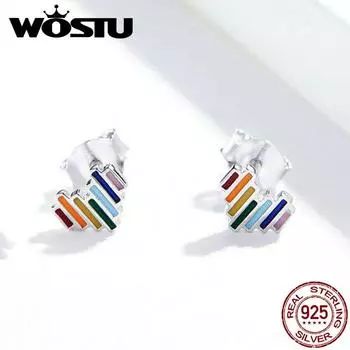 WOSTU Аутентичные серьги из стерлингового серебра 925 пробы с радужным сердцем для женщин, новые красочные модные украшения