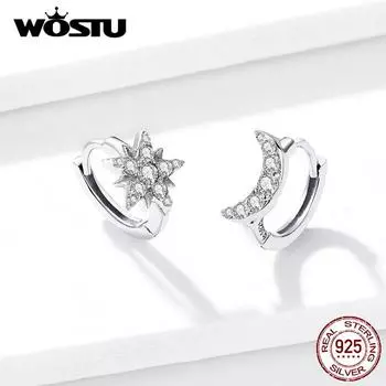 WOSTU Аутентичные серьги из стерлингового серебра 925 пробы с луной и звездами, классические умные серьги с цирконом для женщин серебряный
