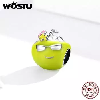 WOSTU Аутентичные стерлингового серебра 925 пробы, летний кокосовый шарм, зеленые эмалированные бусины, браслет «сделай сам» 925 silver