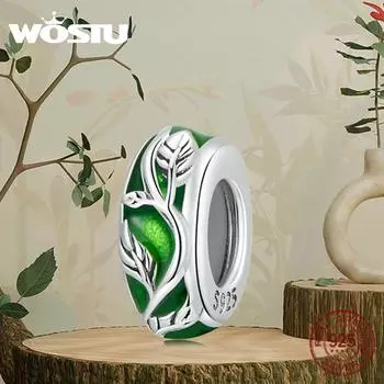 WOSTU Аутентичные стерлингового серебра 925 пробы, нежная зеленая эмаль, серебряные силиконовые бусины-шармы для женщин, браслет и браслет, ювелирные изделия 925 silver