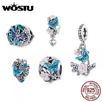 WOSTU Аутентичные стерлингового серебра 925 пробы, нежные красивые цветы, сердце и бабочка, очаровательные бусины для женщин, браслет и браслет, ювелирные украшения C