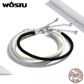WOSTU Basic Simple, черный, серый, белый цвет, стерлинговое серебро 925 пробы, регулируемый ремешок для рук, подходит для бусин, подвеска, ювелирные украшения 925 silver чёрный