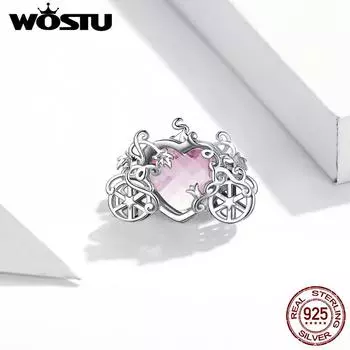 WOSTU блестящая волшебная карета, стерлинговое серебро 925 пробы, розовое сердце, стекло, кристалл, подвеска, подходит для браслета, цепочки, ожерелья, ювелирные изделия 925 silver