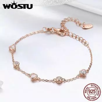 WOSTU браслет-цепочка из 100% стерлингового серебра 925 пробы и золотого цвета с милым сердечком для женщин, браслеты
