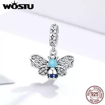 WOSTU Busy Bee, стерлинговое серебро 925 пробы, небесно-голубая эмаль, подвеска в виде пчелы, подвески для оригинальных женских браслетов 925 silver