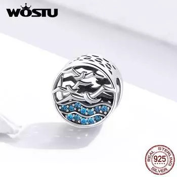WOSTU Чайки Шарм Стерлингового Серебра 925 Синий Циркон Круглые Бусины Подвеска Подходит Для Браслета или Ожерелья 925 silver
