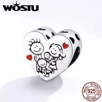 WOSTU Family Серебро 925 Бусины Стерлингового Серебра 925 пробы Love Family Подвески в форме сердца для браслета серебряный