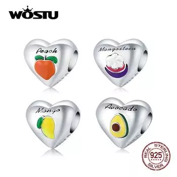 WOSTU Fresh Lovely Персик, груша, авокадо, узор мангустана, подвеска в форме сердца из стерлингового серебра 925 пробы, подходящая для браслета, ювелирные украшения Peach