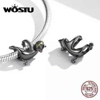 WOSTU гальваническая текстура, черное золото, милый маленький черный кот, бусины из стерлингового серебра 925 пробы, подходят для браслета, ювелирные украшения серебряный