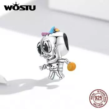 WOSTU Хэллоуин милый трюк череп стерлингового серебра 925 пробы бусины подходят браслет ювелирные изделия 925 silver