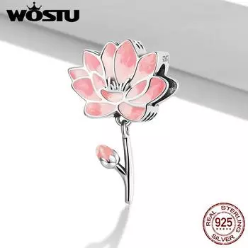 WOSTU из натурального стерлингового серебра 925 пробы, свежий подвеска в виде лотоса, подходит для браслета или браслета в виде змеи, элегантные цветочные бусины для изготовления ювелирных изделий 925 silver
