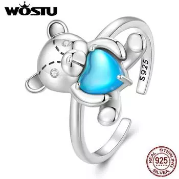 WOSTU из стерлингового серебра 925 пробы, кольцо с изображением медведя, синее сердце, эффектные кольца, оригинальные ювелирные изделия, подарок на годовщину вечеринки 925 silver
