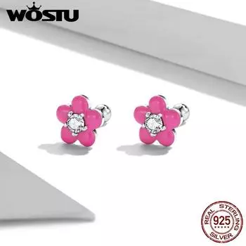 WOSTU из стерлингового серебра 925 пробы, простые маленькие милые серьги-гвоздики с цветком розы и красного цвета для женщин, модные вечерние ювелирные изделия, подарок 925 silver