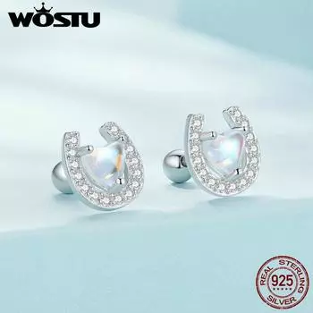 WOSTU из стерлингового серебра 925 пробы в форме сердца с лунным камнем, подкова, круглые беруши и серьги для женщин, ювелирные изделия 925 silver