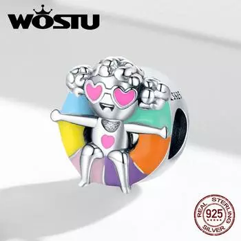 WOSTU Эмалевое кольцо для маленькой кудрявой девушки и цветное плавательное кольцо из стерлингового серебра 925 пробы, очаровательные бусины, подходят к оригинальному браслету, ювелирные украшения своими руками