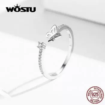 WOSTU Классические открывающиеся кольца-бабочки из стерлингового серебра 925 пробы Регулируемые кольца с цирконием для женщин