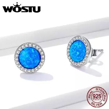 WOSTU классические серьги с опалом из стерлингового серебра 925 пробы, круглые серьги-гвоздики с синим опалом и цирконием для женщин, свадебные модные ювелирные изделия