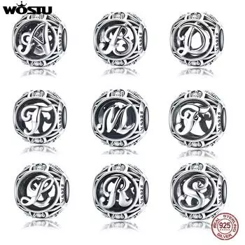 WOSTU Круглые шармы из стерлингового серебра 925 пробы Латинский алфавит A