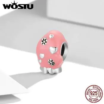 WOSTU милые розовые перчатки-подвески из стерлингового серебра 925 пробы с эмалью, бусины, подходят для браслета 925 silver