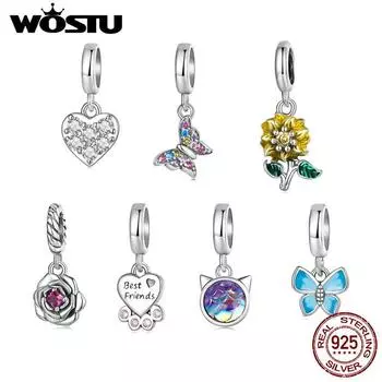 WOSTU модные подвески в виде подсолнуха, бусины из настоящего стерлингового серебра 925 пробы, подвеска в виде бабочки и розы, подходят для оригинального браслета «сделай сам», ожерелье, ювелирные изделия E