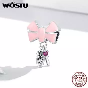 WOSTU мультяшный эмалевый реалистичный розовый бант серебряный автомобильный брелок из стерлингового серебра 925 пробы с бусинами подходит для браслета ювелирные изделия