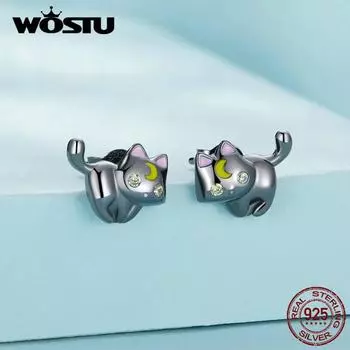 WOSTU настоящее серебро 925 пробы, черное золото, серьги-гвоздики с котом для женщин, серьги-гвоздики с лунным котенком, прекрасный подарок на день рождения 925 silver