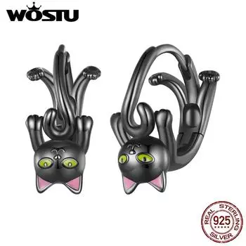 WOSTU настоящее серебро 925 пробы, черное золото, серьги-кольца с котом для женщин, милые зажимы для ушей в виде лапы животных, крутые ювелирные изделия в стиле панк для девочек, подарок 925 silver