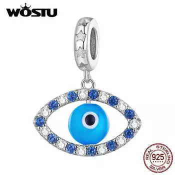 WOSTU настоящее серебро 925 пробы Дьявольский глаз подвески подвески синий циркон бусина подходит оригинальный браслет DIY изготовление ювелирных изделий