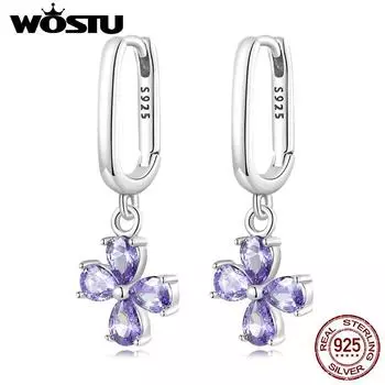 WOSTU настоящее серебро 925 пробы фиолетовые циркониевые серьги-крестики для женщин изящные ювелирные изделия с подвеской-крестом серьги-подарок на вечеринку 925 silver