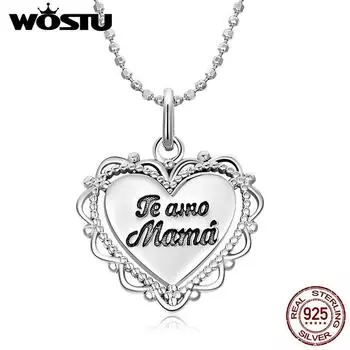 WOSTU настоящее серебро 925 пробы, кружево, сердце, выгравированная надпись Te amo Mama, кулон-колье, ожерелье для женщин, ювелирные изделия, подарок