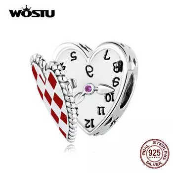 WOSTU настоящее серебро 925 пробы, милые красные часы в форме сердца, подвески-часы, бусины для женщин, подходят для оригинального браслета «сделай сам», ожерелье, ювелирные изделия, подарки 925 silver
