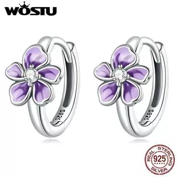 WOSTU настоящее серебро 925 пробы, модные фиолетовые цветочные пряжки для ушей, серьги с тонким цирконом для женщин, модные ювелирные изделия на юбилей, подарок 925 silver