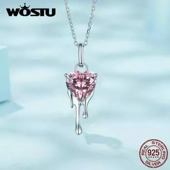 WOSTU настоящее серебро 925 пробы с милым розовым кристаллом в форме сердца, очаровательное ожерелье для женщин, свадебные украшения, блестящее циркониевое ожерелье с кисточкой 925 silver