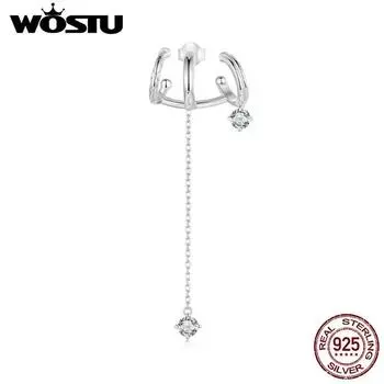 WOSTU настоящее серебро 925 пробы, трехслойные зажимы для ушей для женщин, блестящие циркониевые длинные серьги-гвоздики, вечерние украшения, свадебный подарок SCE1754