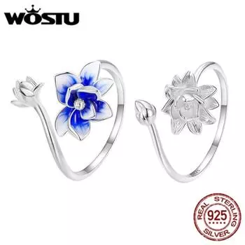 WOSTU настоящее серебро 925 пробы уникальные открытые кольца в форме лотоса для женщин, синяя эмаль, эффектное кольцо с цветком, ювелирное изделие для свадебной вечеринки, подарок A