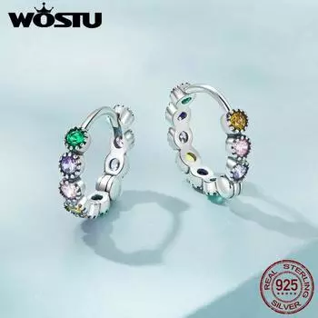 WOSTU настоящие серьги-кольца из стерлингового серебра 925 пробы с радужными круглыми кристаллами для женщин, очаровательные серьги-кольца в стиле ретро, свадебные украшения, подарок