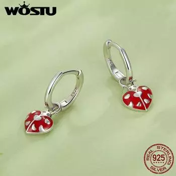 WOSTU настоящие серьги-кольца из стерлингового серебра 925 пробы с божьей коровкой, висячие серьги для женщин, красная масляная эмаль, серьги-кольца с насекомыми, вечерние ювелирные изделия, подарок 925 silver