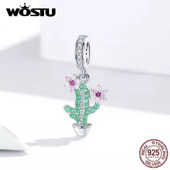 WOSTU Новая мода стерлингового серебра 925 пробы кактус и цветочные бусины зеленый циркон подходят для оригинального браслета