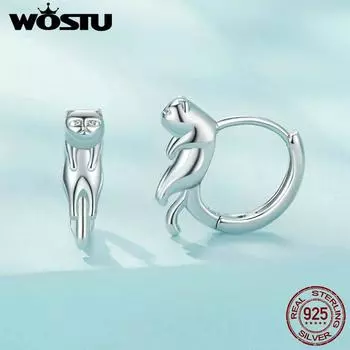 WOSTU, оригинальные серьги-кольца из стерлингового серебра 925 пробы с изображением котенка и кота для женщин и девочек, висячие серьги с милыми животными, вечерние ювелирные изделия, подарок 925 silver