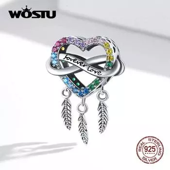 WOSTU Pave красочные стразы в форме сердца Ловец снов из стерлингового серебра 925 пробы Шарм-бусина подходит для оригинального браслета DIY ювелирных украшений 925 silver