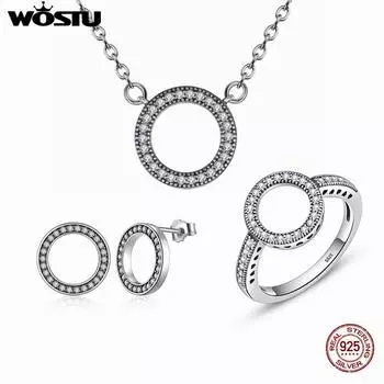 WOSTU Простое круглое ожерелье, кольца и серьги из стерлингового серебра 925 пробы с ослепительным цирконом, комплект ювелирных изделий Jewelry Set (Ring size 6)
